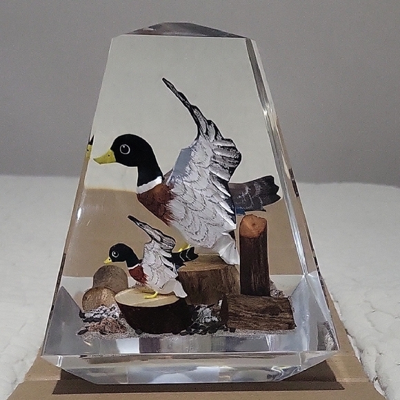 Vintage Acrylic Lucite Carved Duck Figurine with Wood Accents